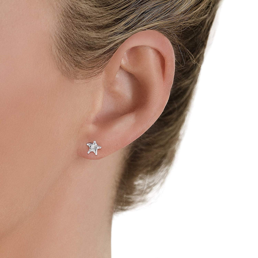Pair of Star shape 4mm Single White Cubic Zircon (CZ) Stone Solitaire Stud 925 Silver Earrings - Studs