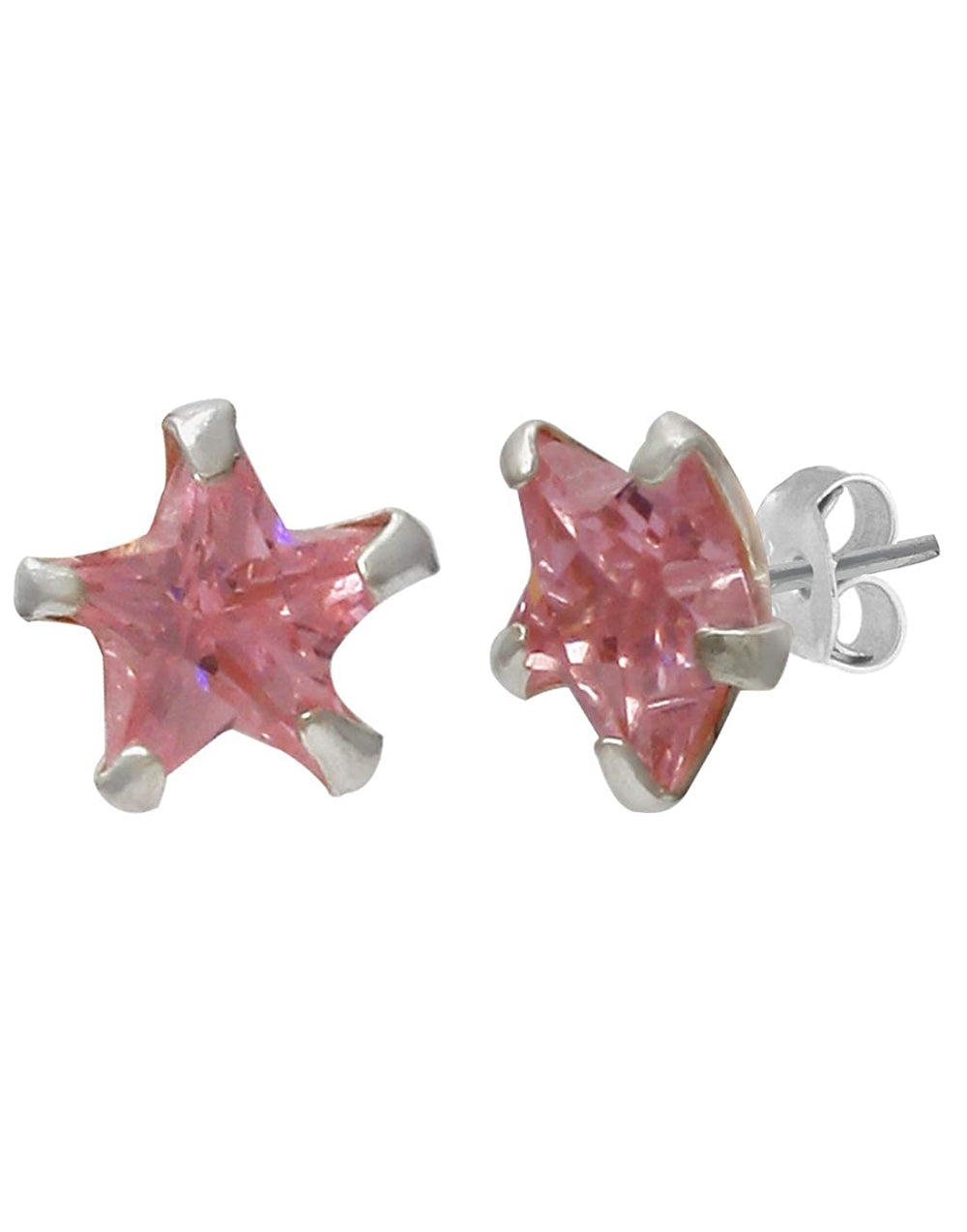 Pair of Star shape 6mm Pink Cubic Zircon (CZ) Stone Solitaire Stud Earrings - Studs