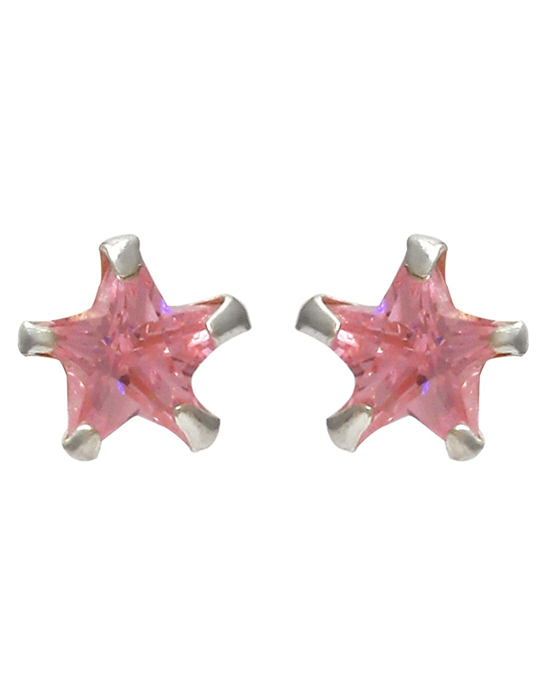 Pair of Star shape 6mm Pink Cubic Zircon (CZ) Stone Solitaire Stud Earrings - Studs