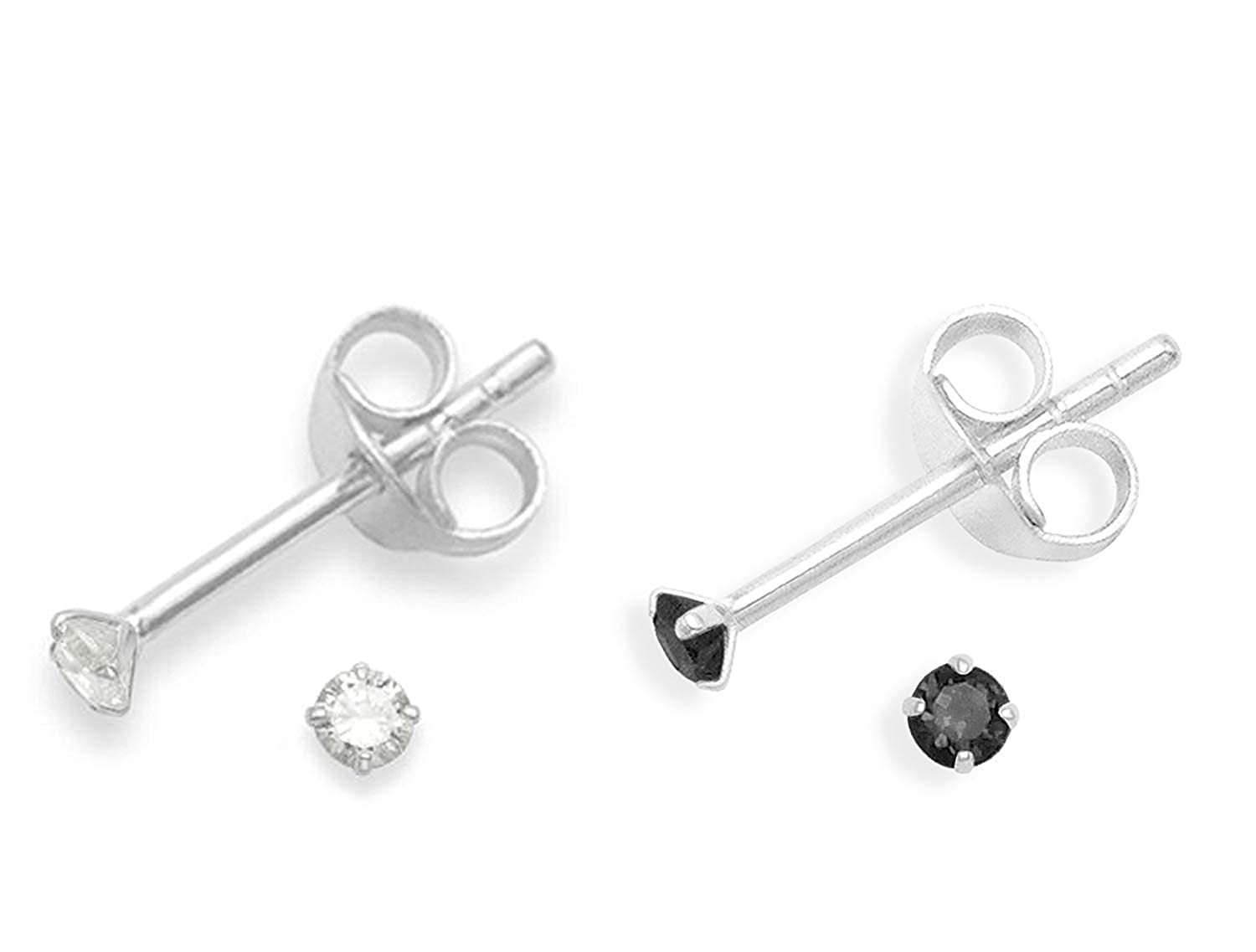Sterling Silver COMBO of Round shape 2mm Single White and Black Cubic Zircon (CZ) Stone Solitaire Stud Earrings - Studs