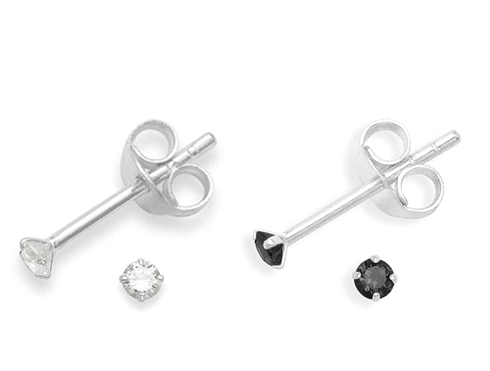 Sterling Silver COMBO of Round shape 2mm Single White and Black Cubic Zircon (CZ) Stone Solitaire Stud Earrings - Studs