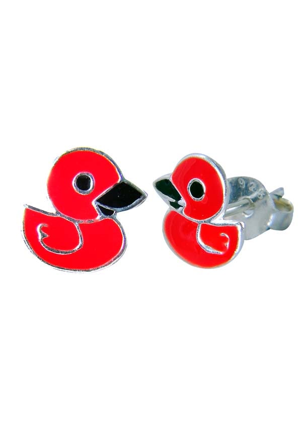 Sterling Silver Cute Red Duck Studs Earrings - Studs