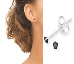 Sterling Silver pair of Round shape 2mm Single Black Cubic Zircon (CZ) Stone Solitaire Stud Earrings - Studs