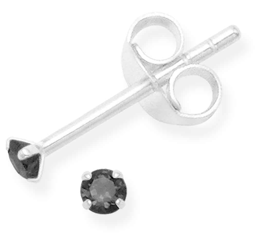 Sterling Silver pair of Round shape 2mm Single Black Cubic Zircon (CZ) Stone Solitaire Stud Earrings - Studs