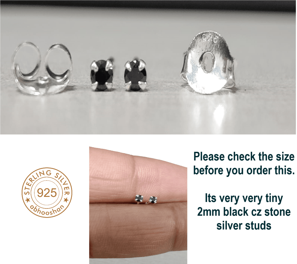 Sterling Silver pair of Round shape 2mm Single Black Cubic Zircon (CZ) Stone Solitaire Stud Earrings - Studs