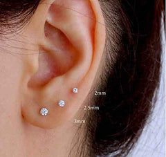 Sterling Silver pair of Round shape 2mm Single White Cubic Zircon (CZ) Stone Solitaire Stud Earrings - Studs