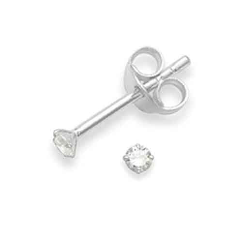 Sterling Silver pair of Round shape 2mm Single White Cubic Zircon (CZ) Stone Solitaire Stud Earrings - Studs