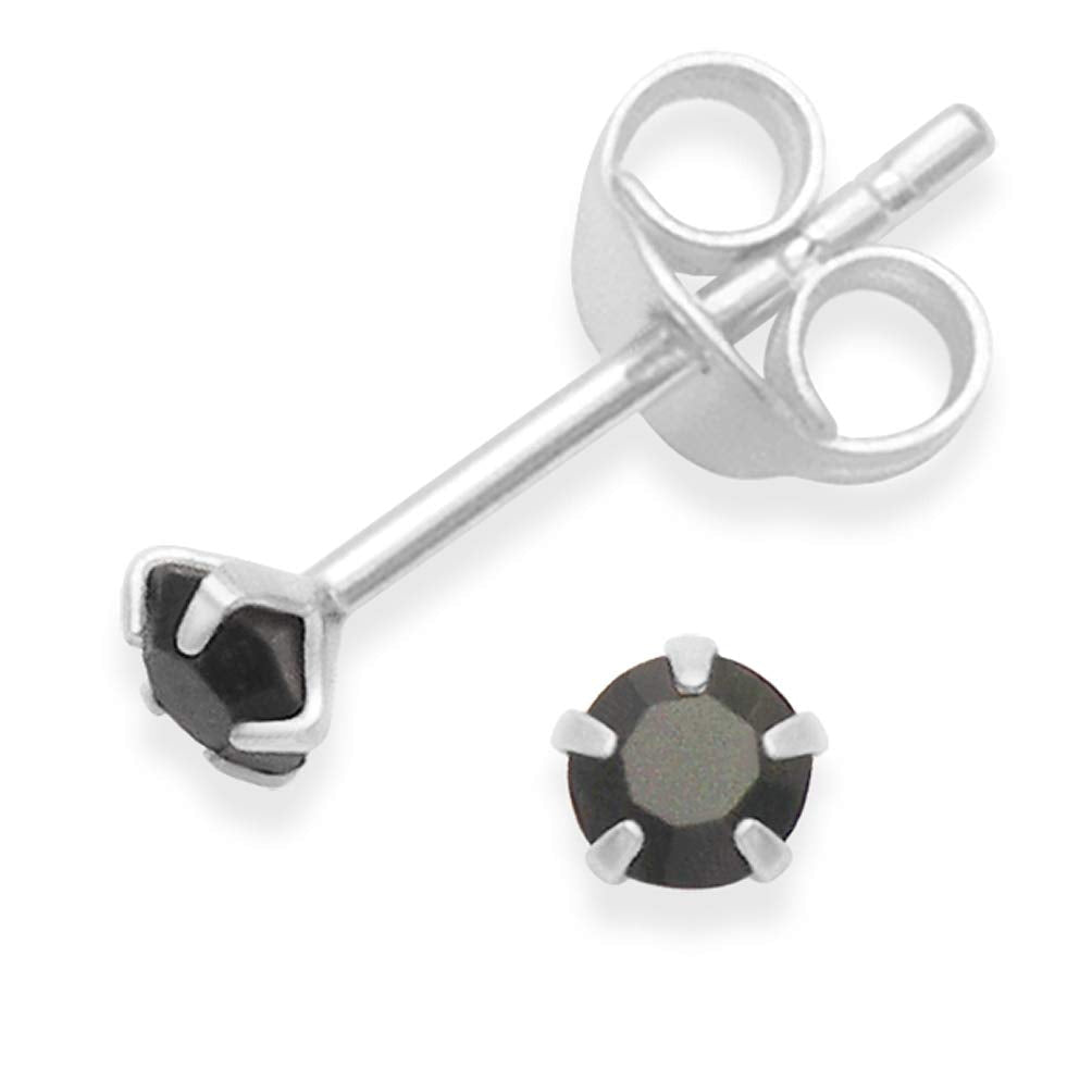 Sterling Silver pair of Round shape 3mm Single Black Cubic Zircon (CZ) Stone Solitaire Stud Earrings - Studs