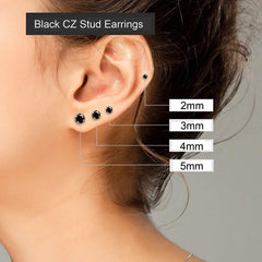 Sterling Silver pair of Round shape 3mm Single Black Cubic Zircon (CZ) Stone Solitaire Stud Earrings - Studs