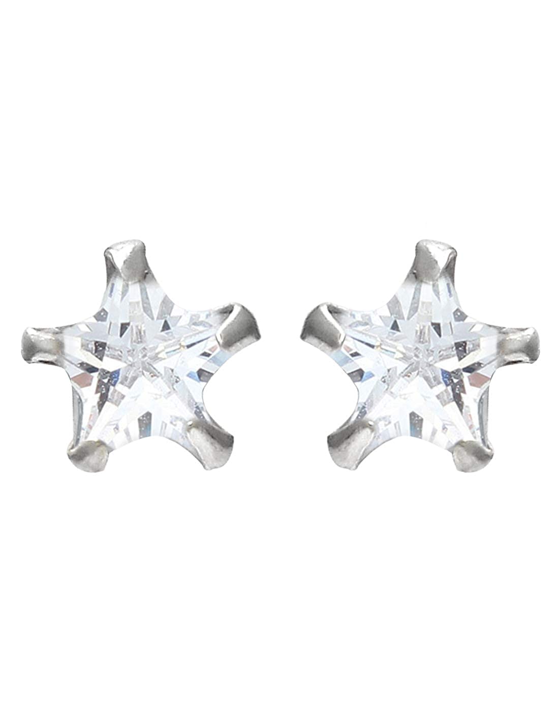 Sterling Silver pair of Star shape 6 mm Stud Earrings with Single White Cubic Zircon (CZ) Stone Solitaire - Studs