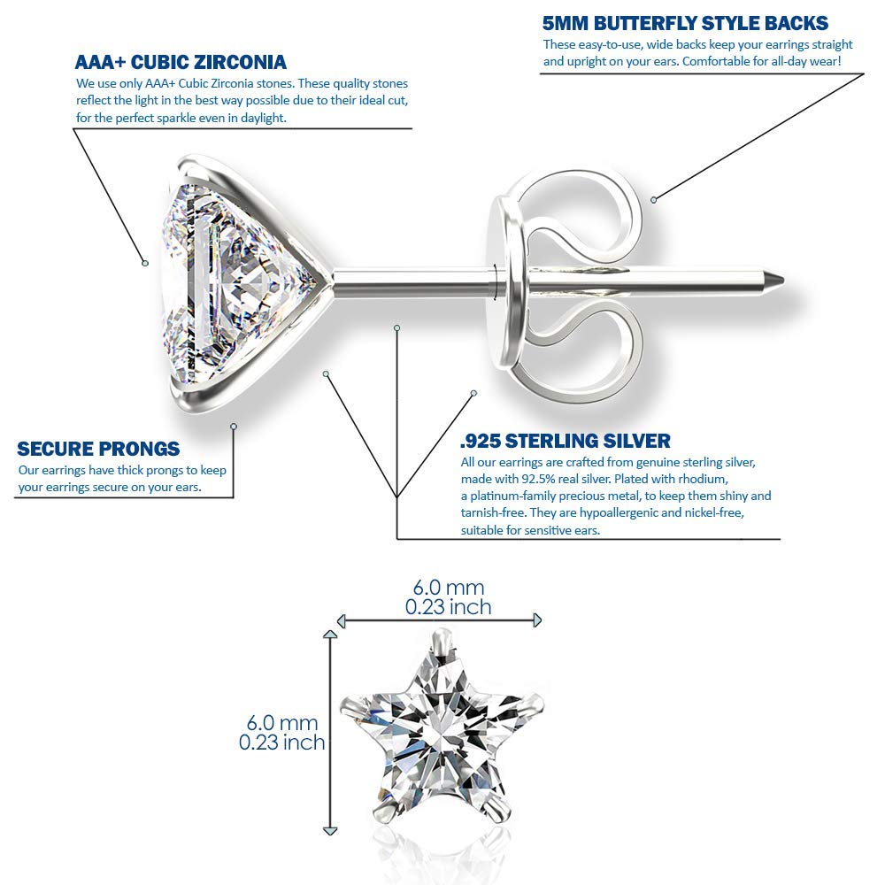 Sterling Silver pair of Star shape 6 mm Stud Earrings with Single White Cubic Zircon (CZ) Stone Solitaire - Studs