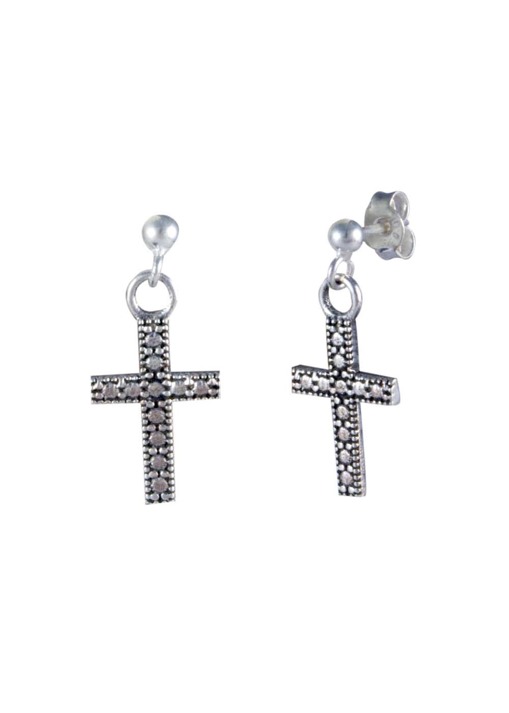 Unisex Ball Studs with hanging Holy Cross in 92.5 Sterling Silver - Studs